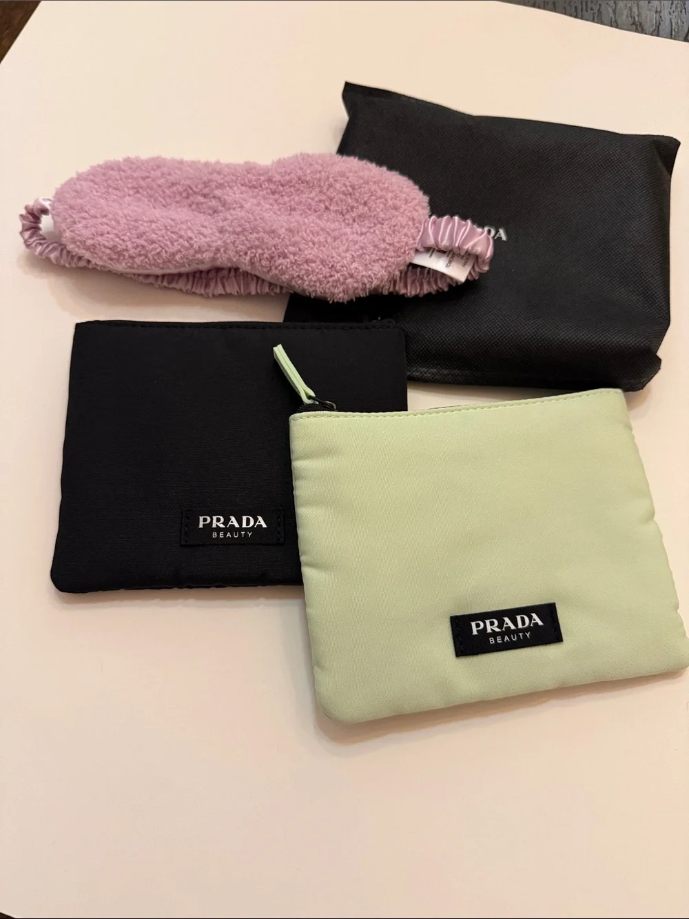 Prada Beauty Black & Light Green Pouches with Pink Plush Sleep Mask